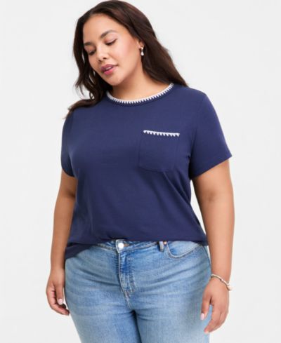 On 34th Plus Size Blanket-Stitch Pocket T-Shirt, Macy's Exclusive