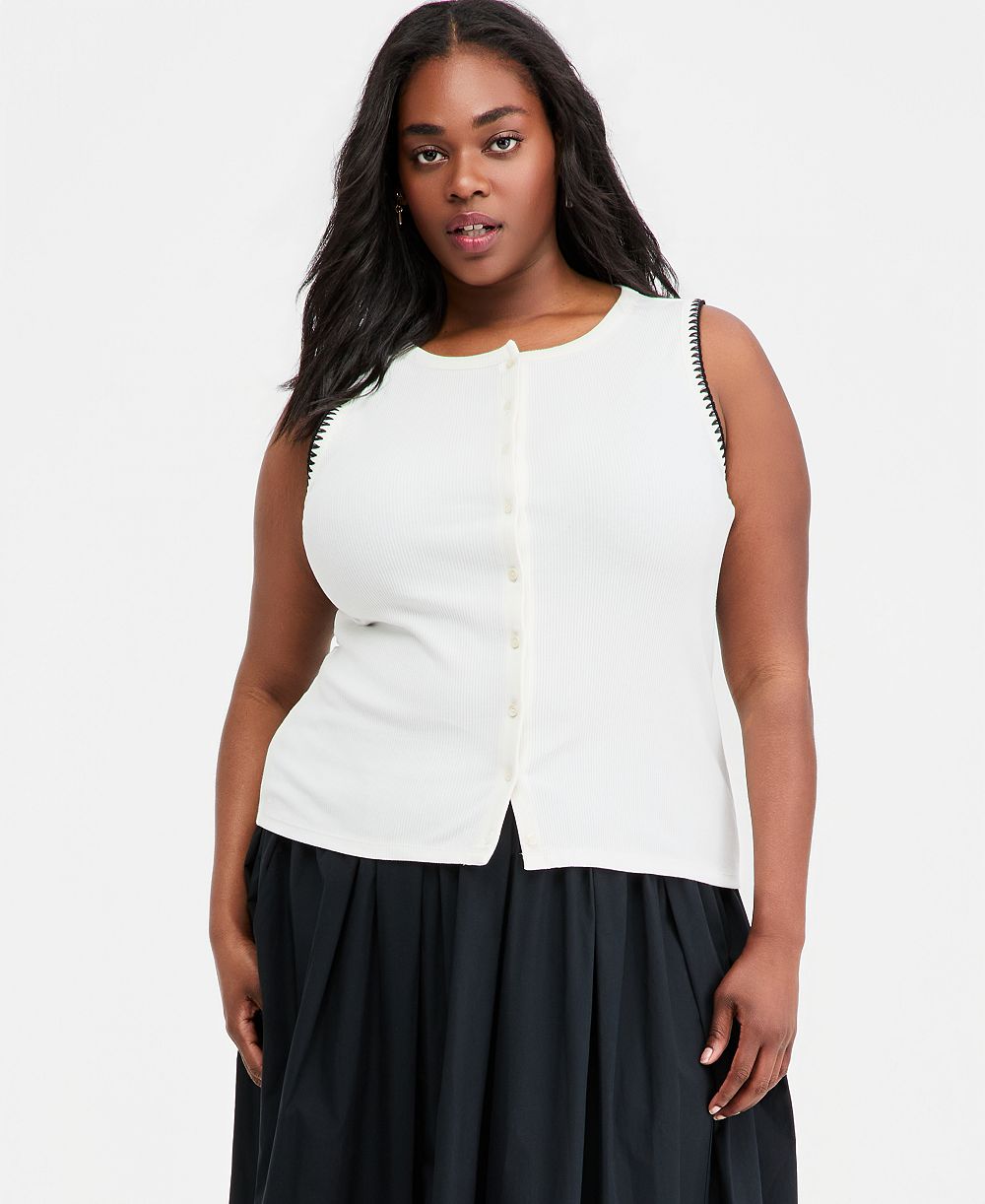 Женский топ On 34th Plus Sleeveless Rib-Knit Whipstitch Button Front