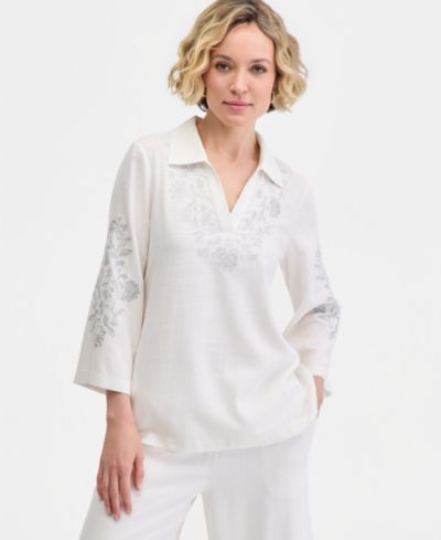 JM Collection Женский топ из смесового льна с воротником и вышивкой