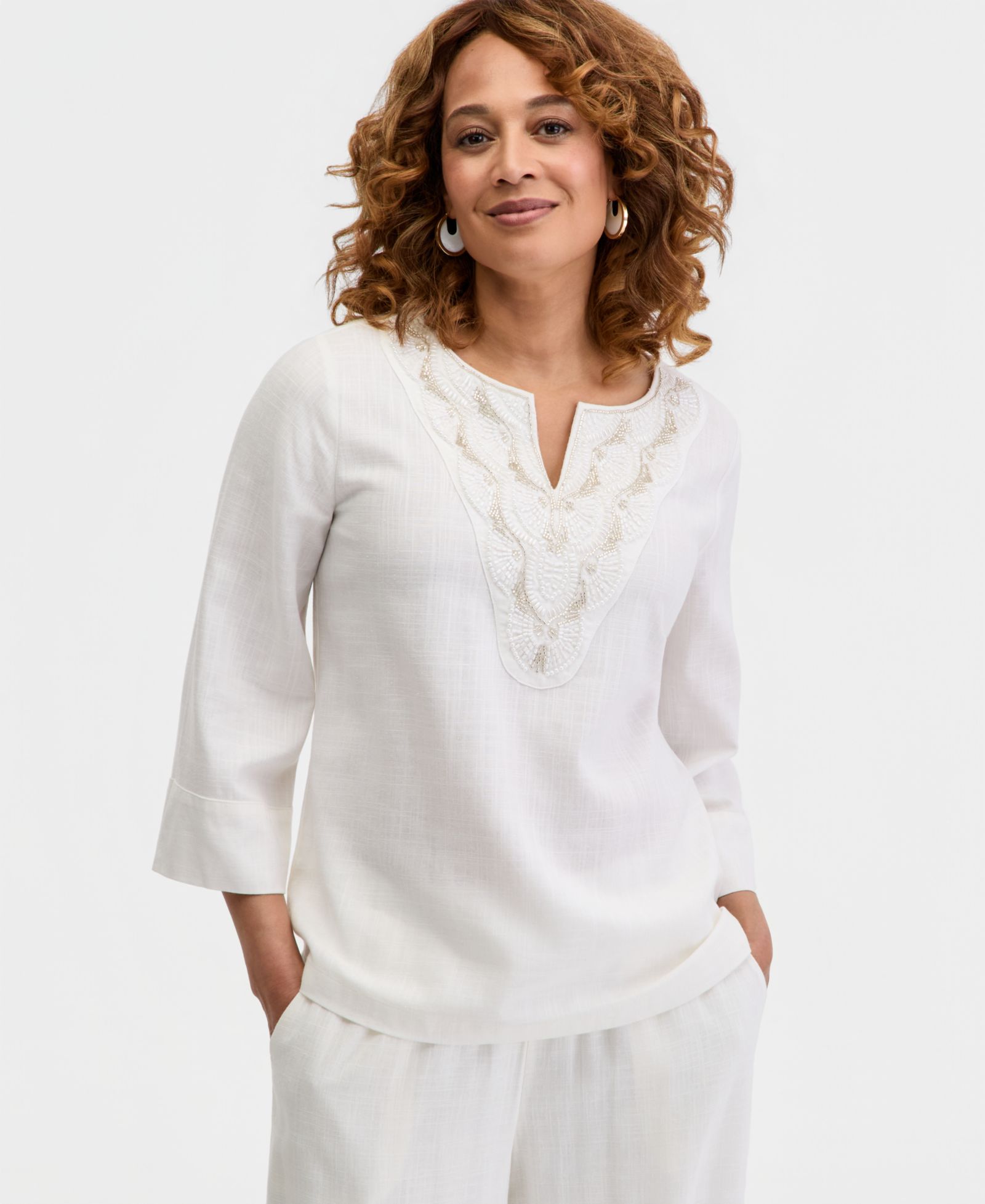 Женский топ JM Collection Split-Neck Beaded Linen-Blend 3/4-Sleeve