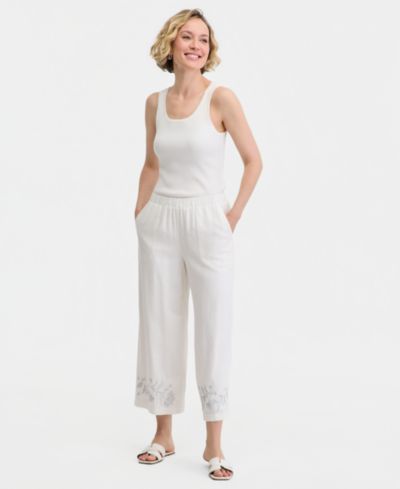 JM Collection Women's High-Rise Embroidered Linen-Blend Cropped Pants, Macy's Exclusive