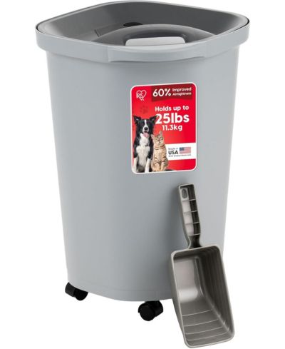 IRIS Pet Food Storage Container 25 Lbs, Airtight Seal with Air Valve, 2 Cup Scoop, Removable Wheels, Easy to Open, Gray