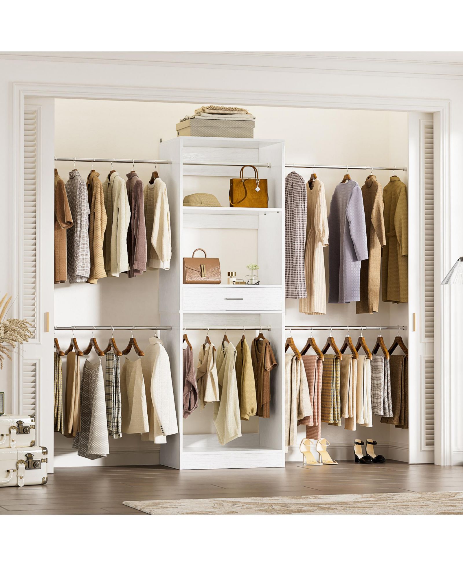 Aheaplus 20.5'' - 96'' Adjustable Closet Hanging Organizer, Closet System with 6 Extendable Hanging Rods and A Drawer