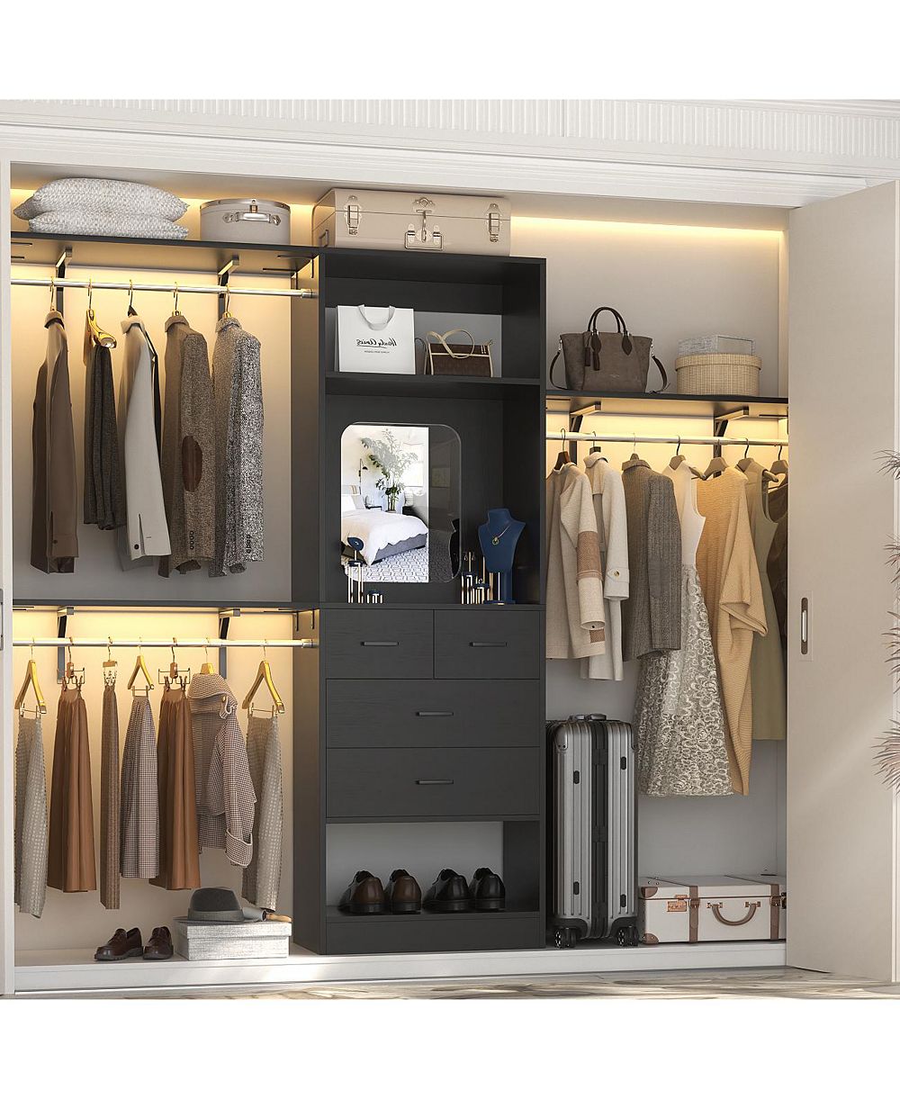 Aheaplus 96'' Closet Organizer System with 4 Drawers & Mirror, Heavy Duty Closet System with 3 Shelving Towers & Hanging Rods