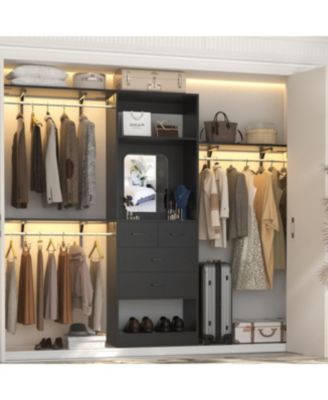 Aheaplus 96'' Closet Organizer System with 4 Drawers & Mirror, Heavy Duty Closet System with 3 Shelving Towers & Hanging Rods