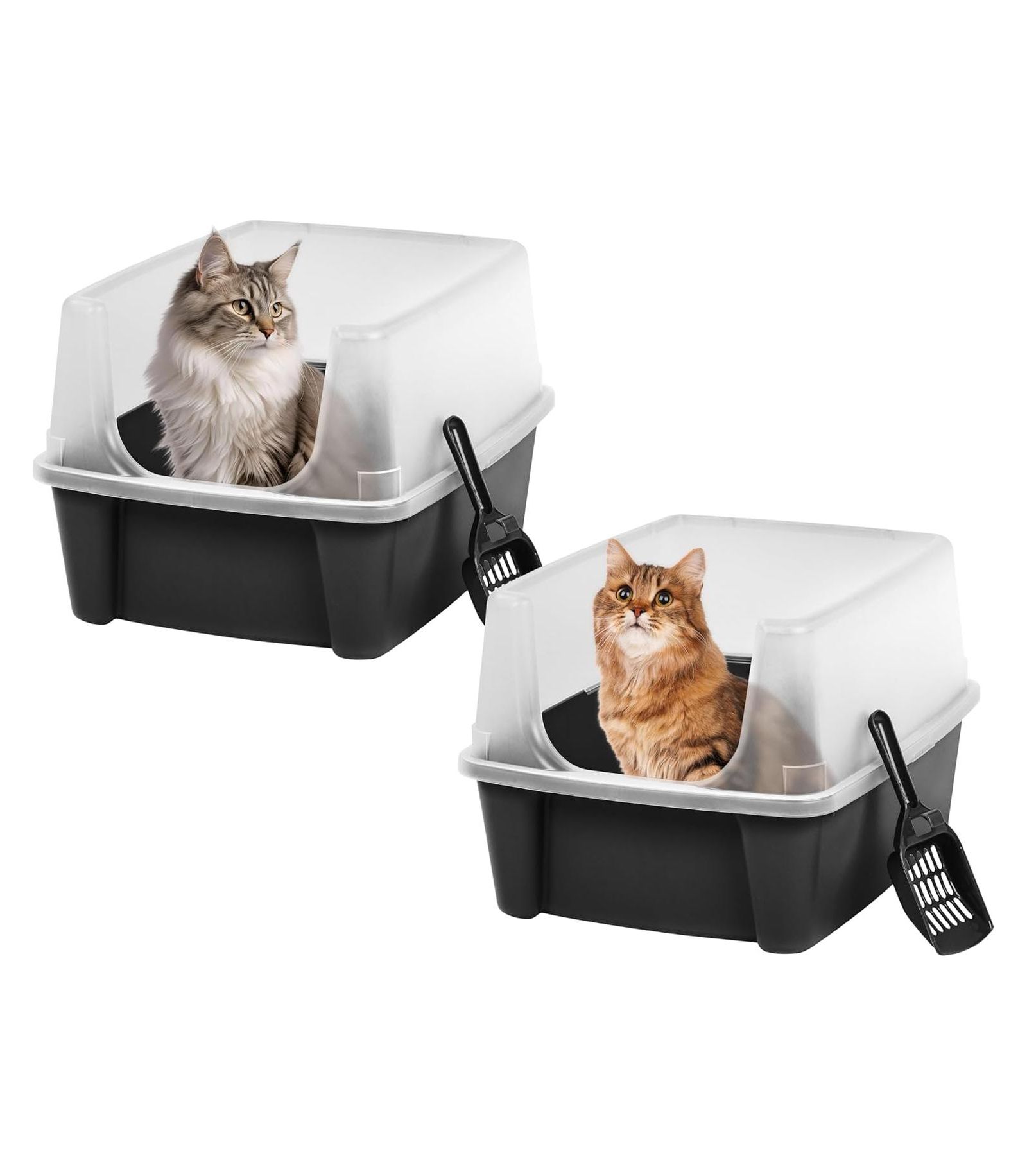IRIS Large Cat Litter Boxes with Scatter Shield and Scoop, Open Top High Sided Cat Litter Pan, Black, 2Pk