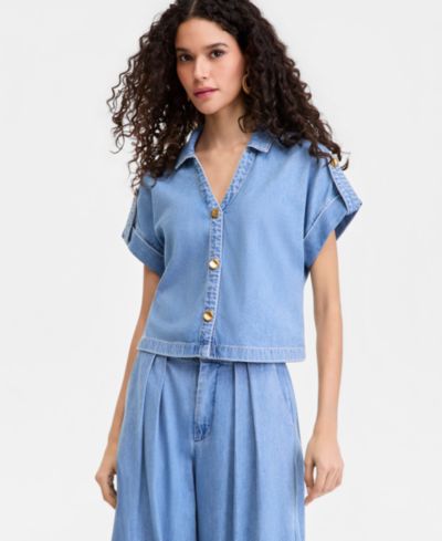 I.N.C. International Concepts Women's Short-Sleeve Lightweight Denim Top, Macy's Exclusive