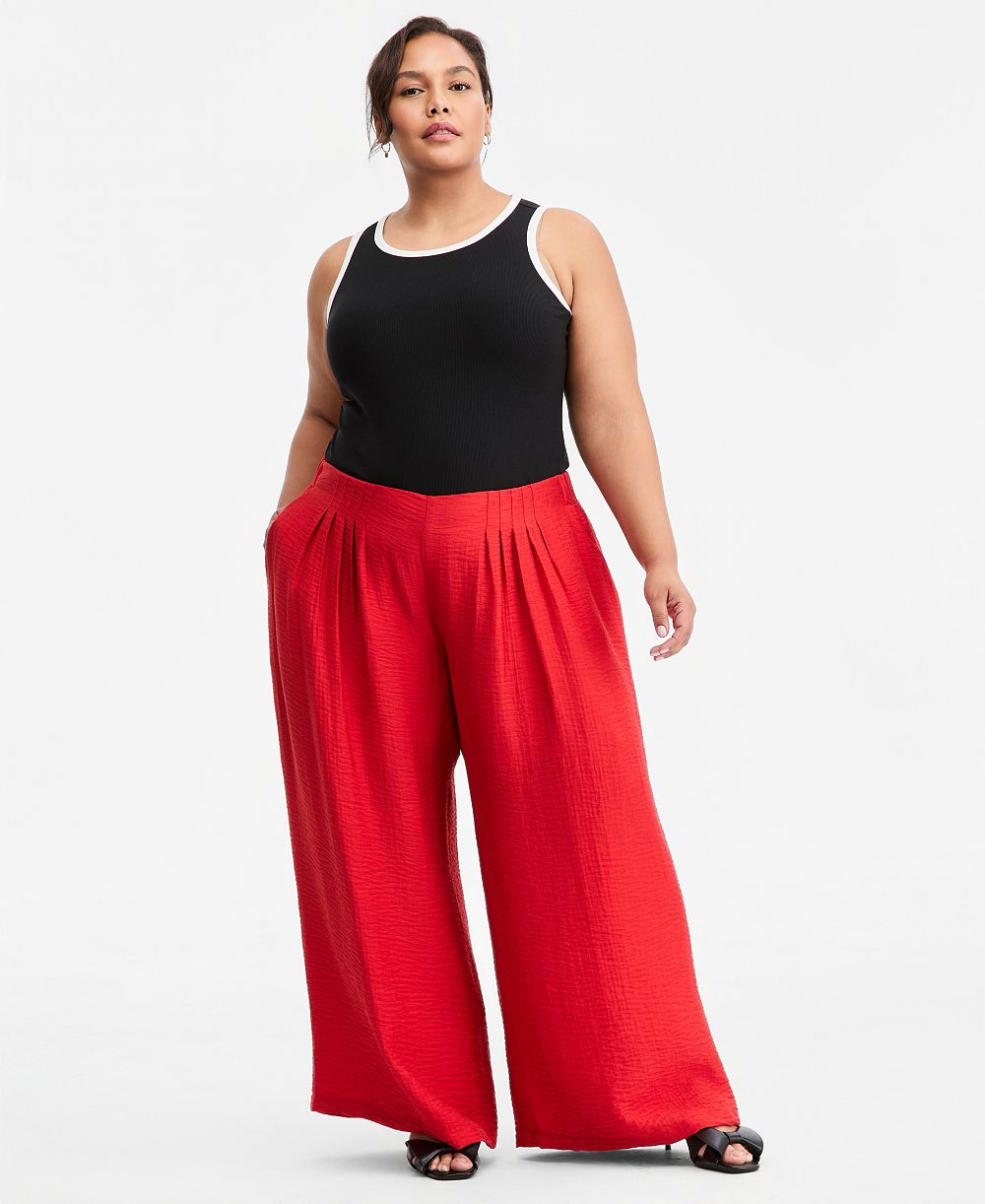 On 34th Trendy Plus Size Pull-On Pintucked Gauze Pants, Macy's Exclusive