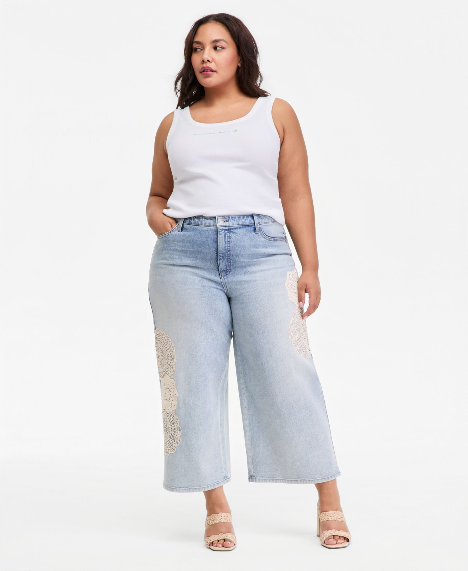 On 34th Trendy Plus Size Wide-Leg Doily-Accent Jeans