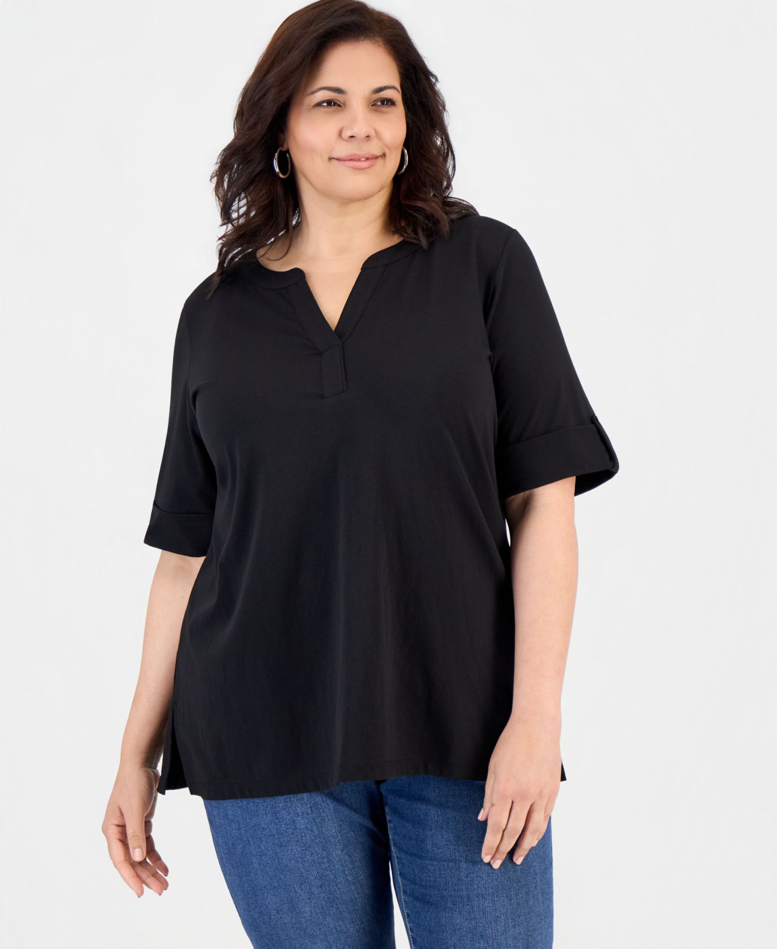 Туника Style & Co Plus Size Roll-Tab Split-Neck Elbow-Sleeve