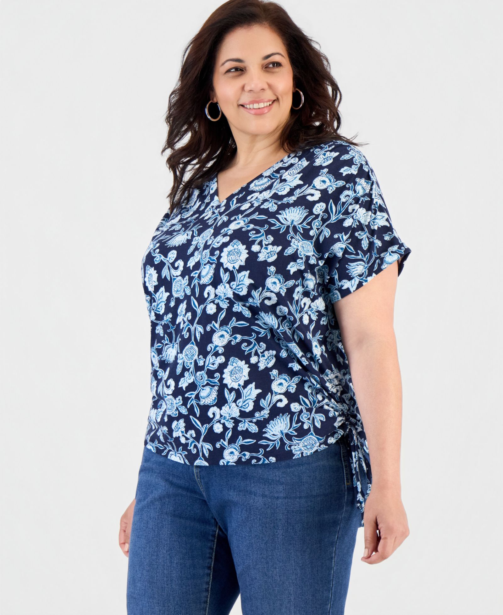 Женский топ Plus Size Style & Co с принтом, драпировкой и V-образным вырезом
