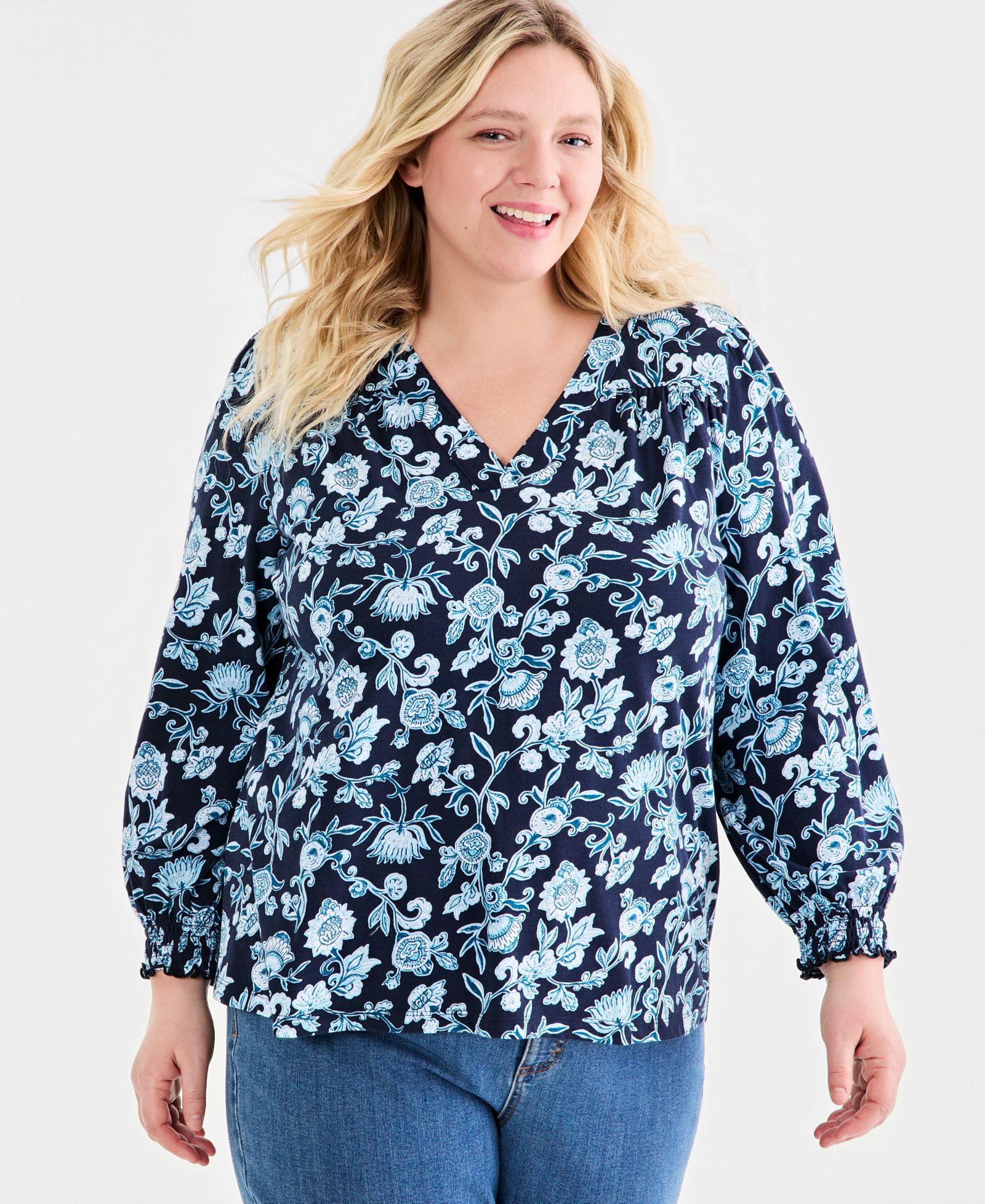 Женский топ Style & Co Plus Size Printed Smocked-Cuff Long-Sleeve V-Neck