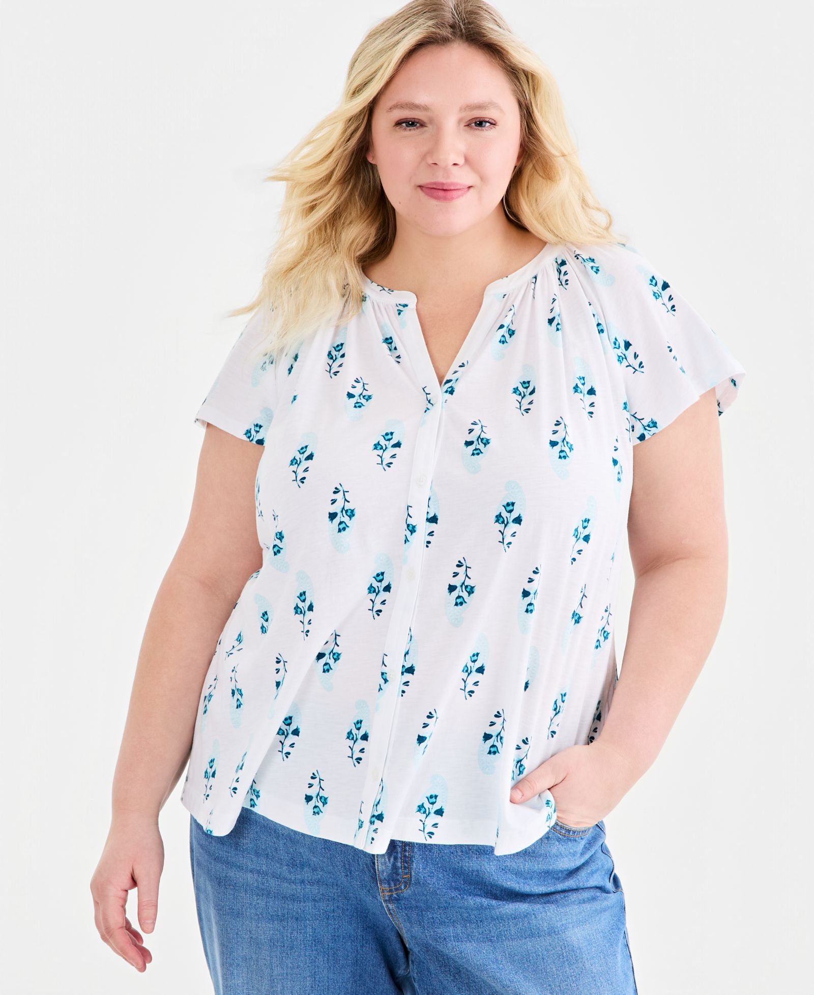 Style & Co Plus Size Printed Button-Front Flutter-Sleeve Top, Macy's Exclusive