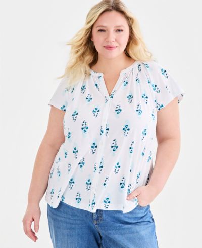 Style & Co Plus Size Printed Button-Front Flutter-Sleeve Top, Macy's Exclusive