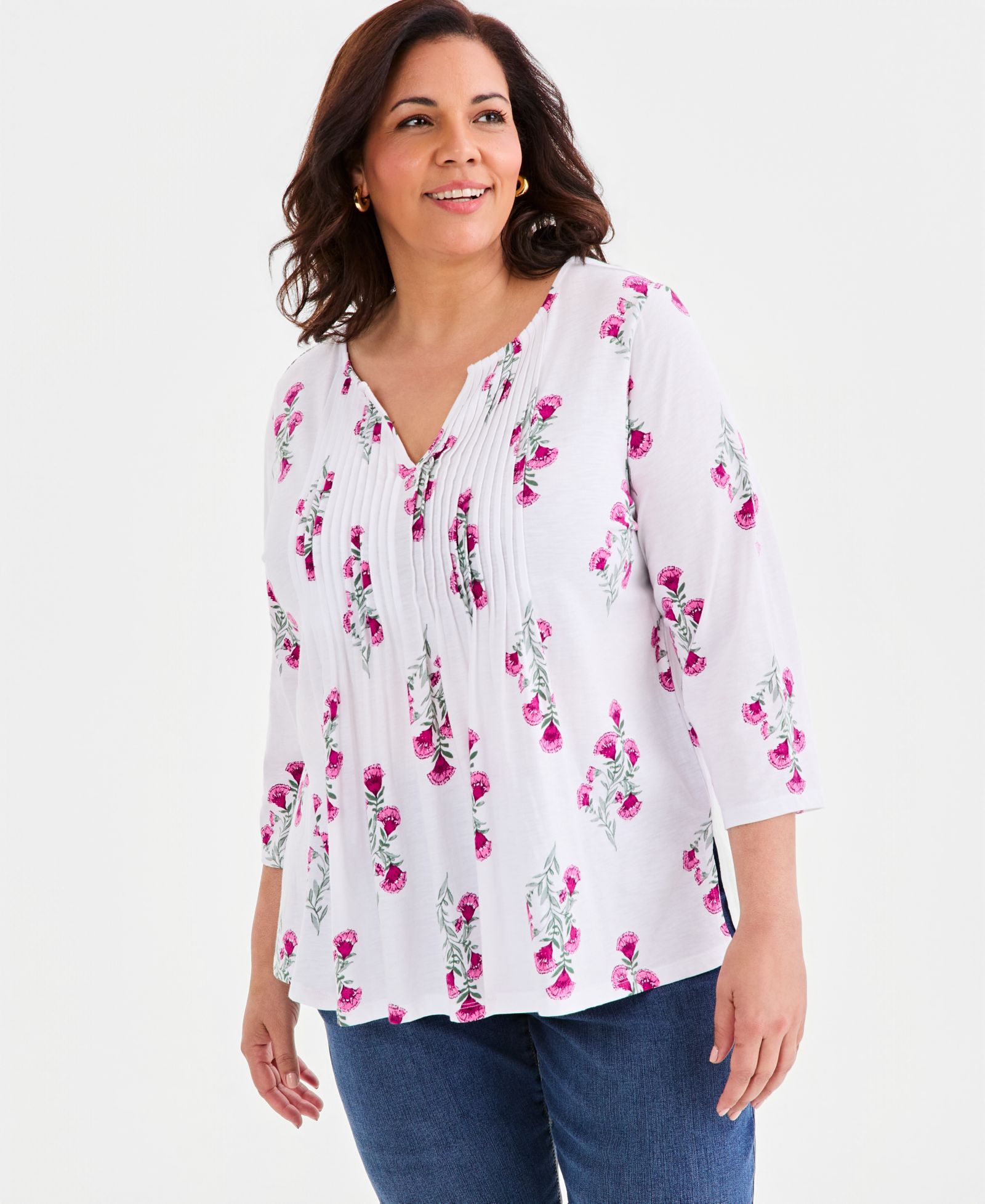 Женский топ Style & Co Plus Size Printed Pintuck Split-Neck 3/4-Sleeve
