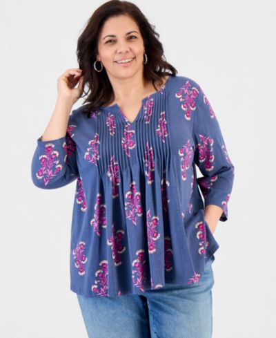 Женский топ Style & Co Plus Size Printed Pintuck Split-Neck 3/4-Sleeve