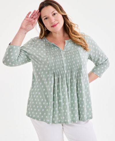 Style & Co Plus Size Printed Pintuck Split-Neck 3/4-Sleeve Top, Macy's Exclusive