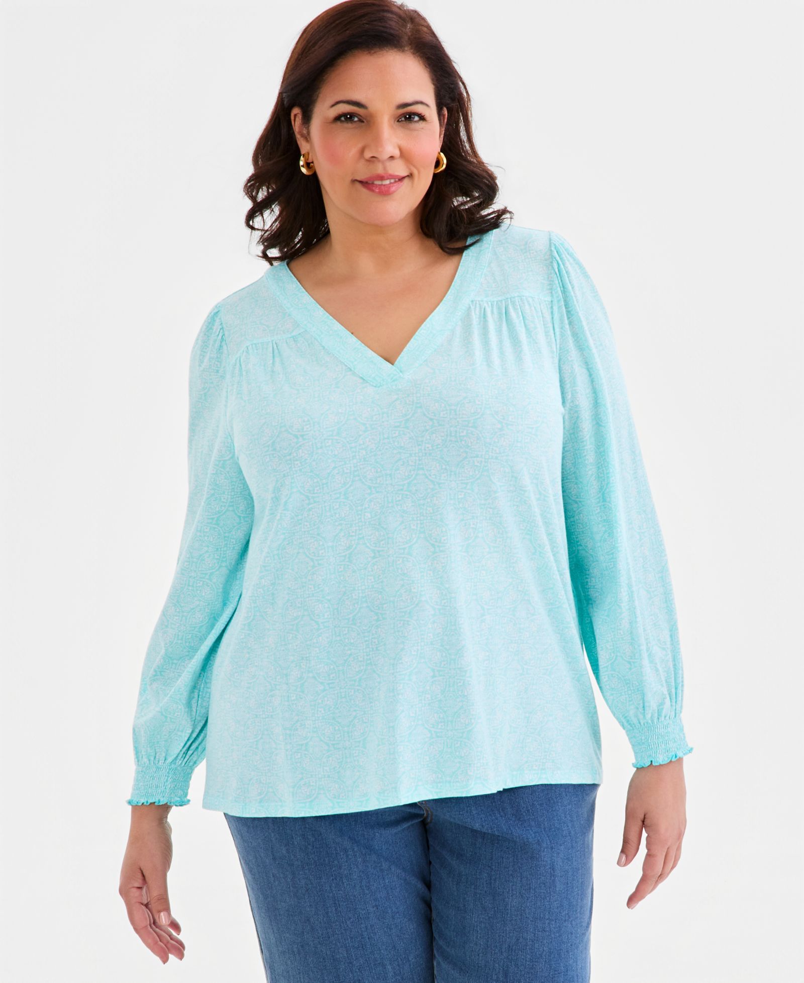Style & Co Plus Size топ с длинным рукавом и V-образным вырезом с принтом
