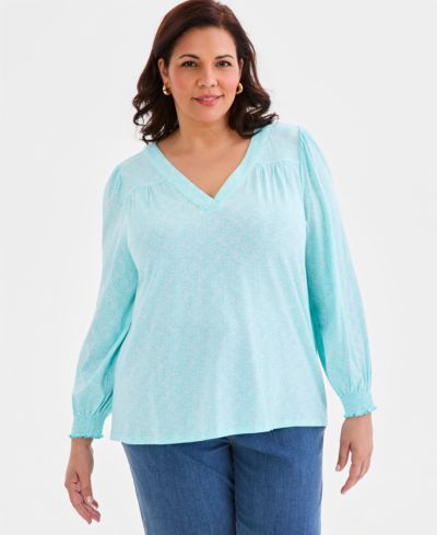 Style & Co Plus Size Printed Smocked-Cuff Long-Sleeve V-Neck Top, Macy's Exclusive