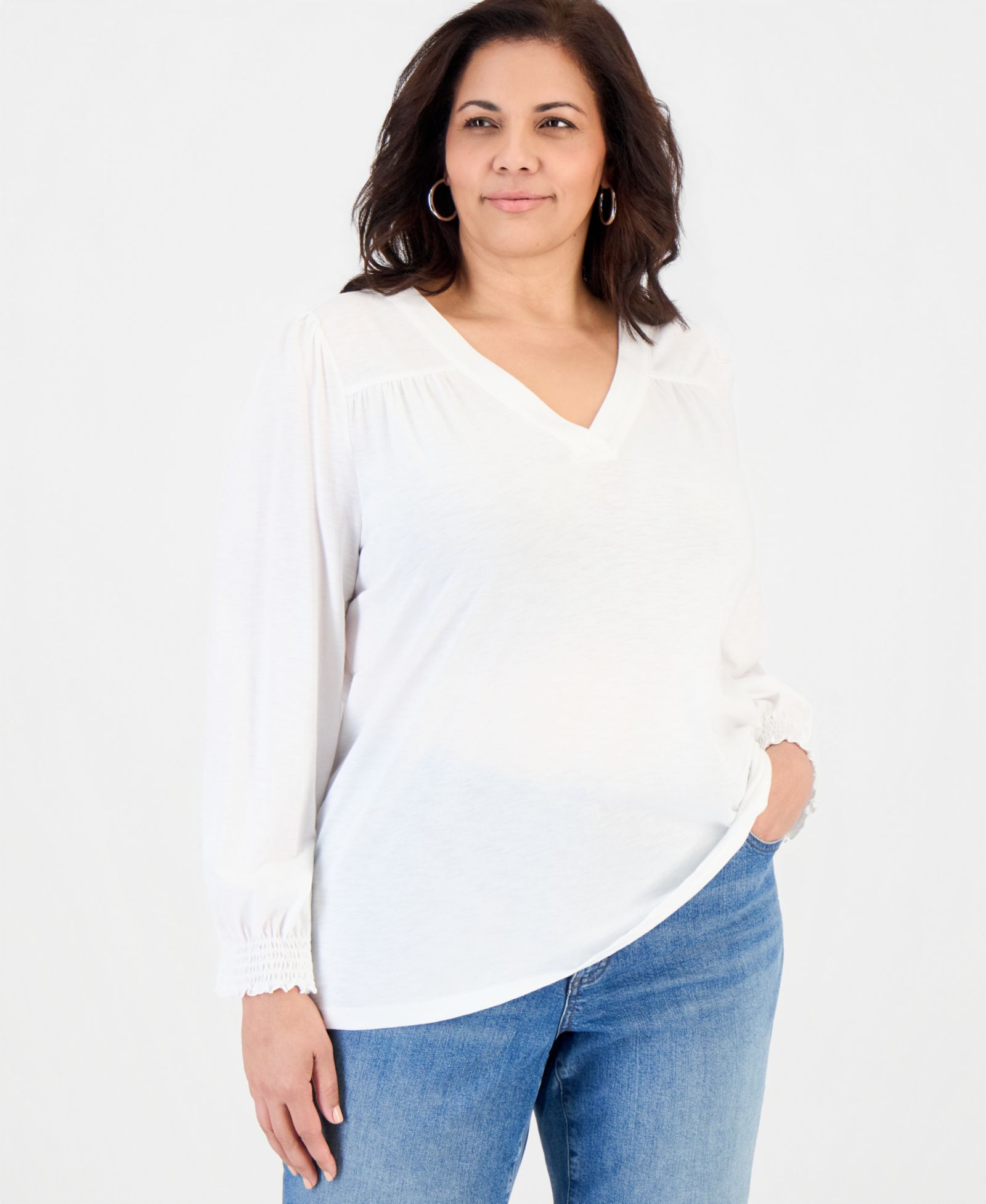 Style & Co Plus Size Smocked-Cuff Long-Sleeve V-Neck Top, Macy's Exclusive
