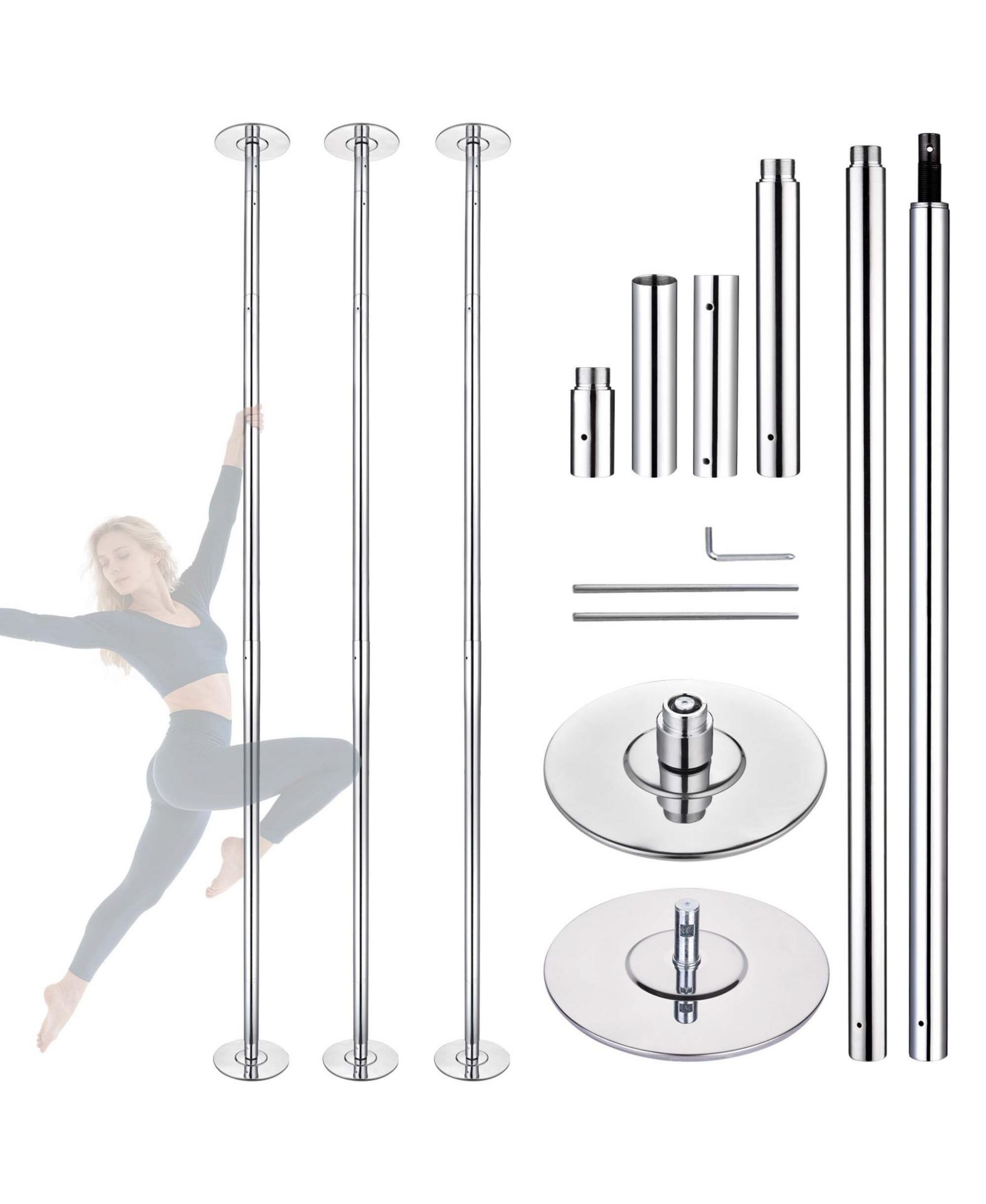 Набор для танцев на пилоне Yescom 3 шт. 9.25 FT Spinning Static Dancing Pole Kit для фитнес-студии, серебристый