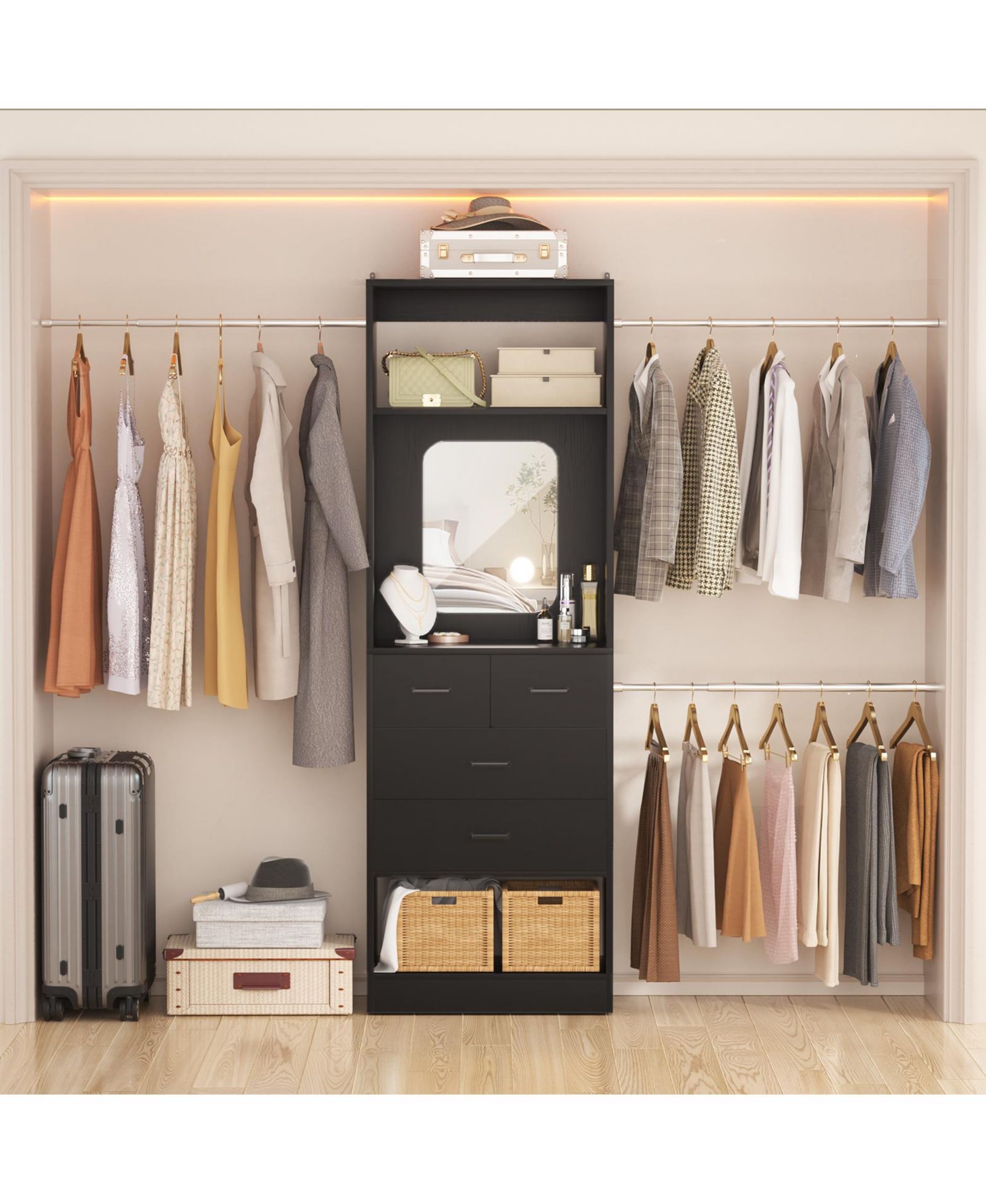 Aheaplus 48 - 96 Inch Wide Adjustable Closet Organizer with 4 Drawers, 3 Hanging Rods, and a Mirror, Freestanding