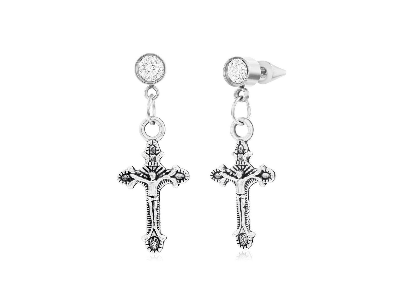 Stainless Steel Oxidized Cross Charm & CZ Huggie Hoop Earrings
