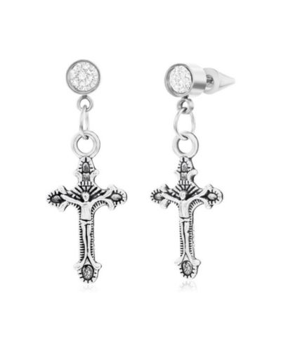 Stainless Steel Oxidized Cross Charm & CZ Huggie Hoop Earrings