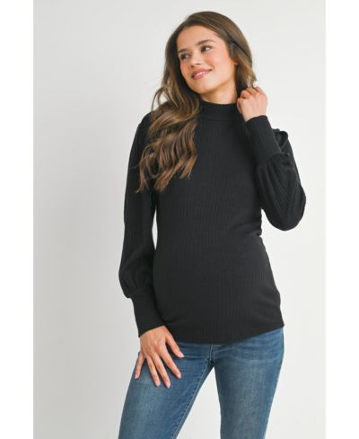 Hello Miz Women's Ribbed Mock-Neck Puff-Sleeve Top