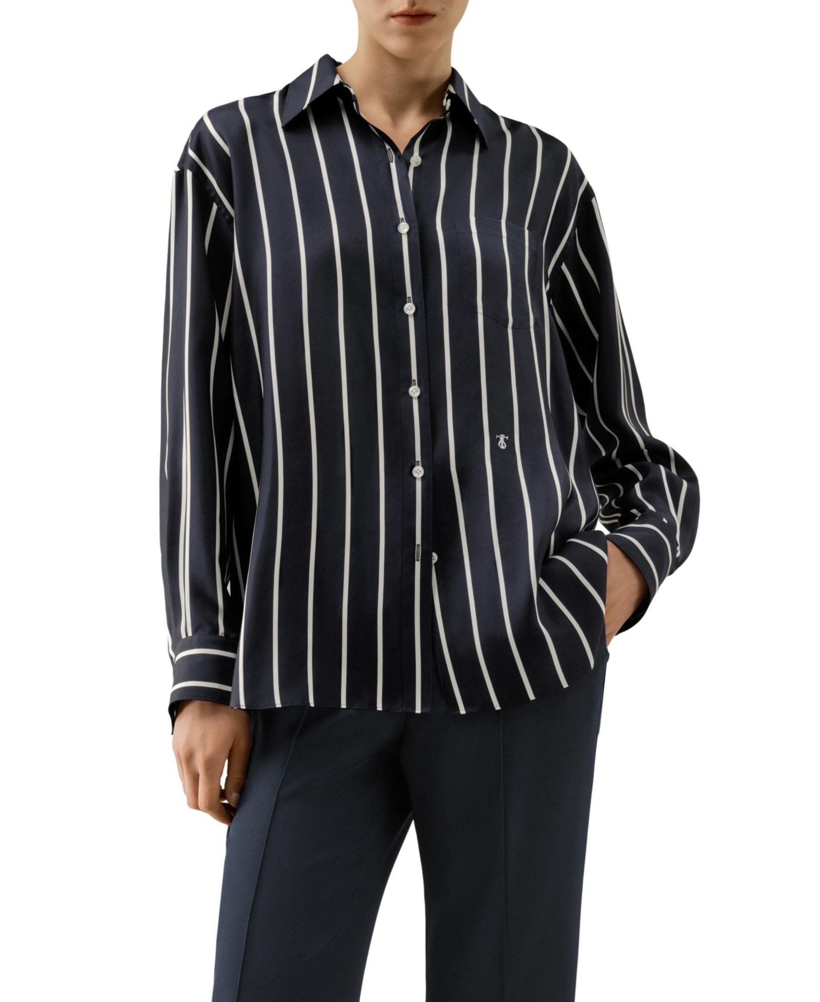 LILYSILK Women's Silk Twill Striped Button-Down Shirt