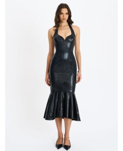 Miss Circle Women's Gardenia Black Leather Midi Sweetheart Halter Flared Dress