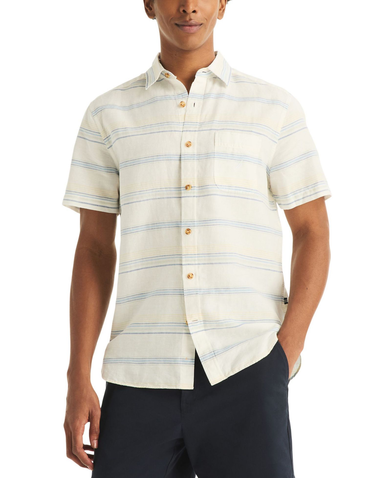 Nautica Men's Short-Sleeve Linen-Blend Horizontal Stripes Shirt