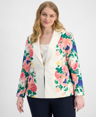 Tahari ASL Plus Size Printed Faux Double-Breasted Blazer