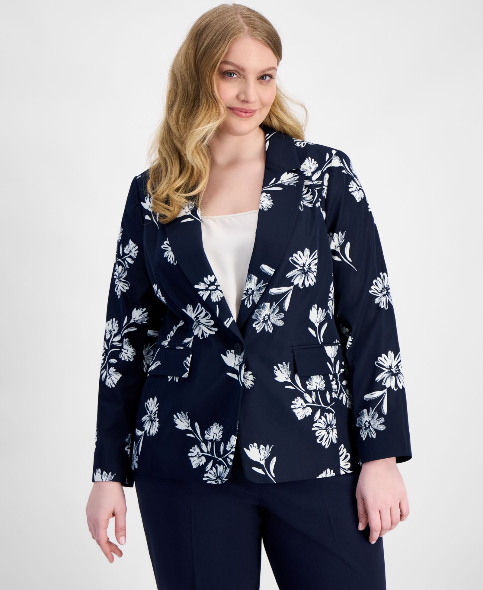 Tahari ASL Plus Size Printed One-Button Blazer