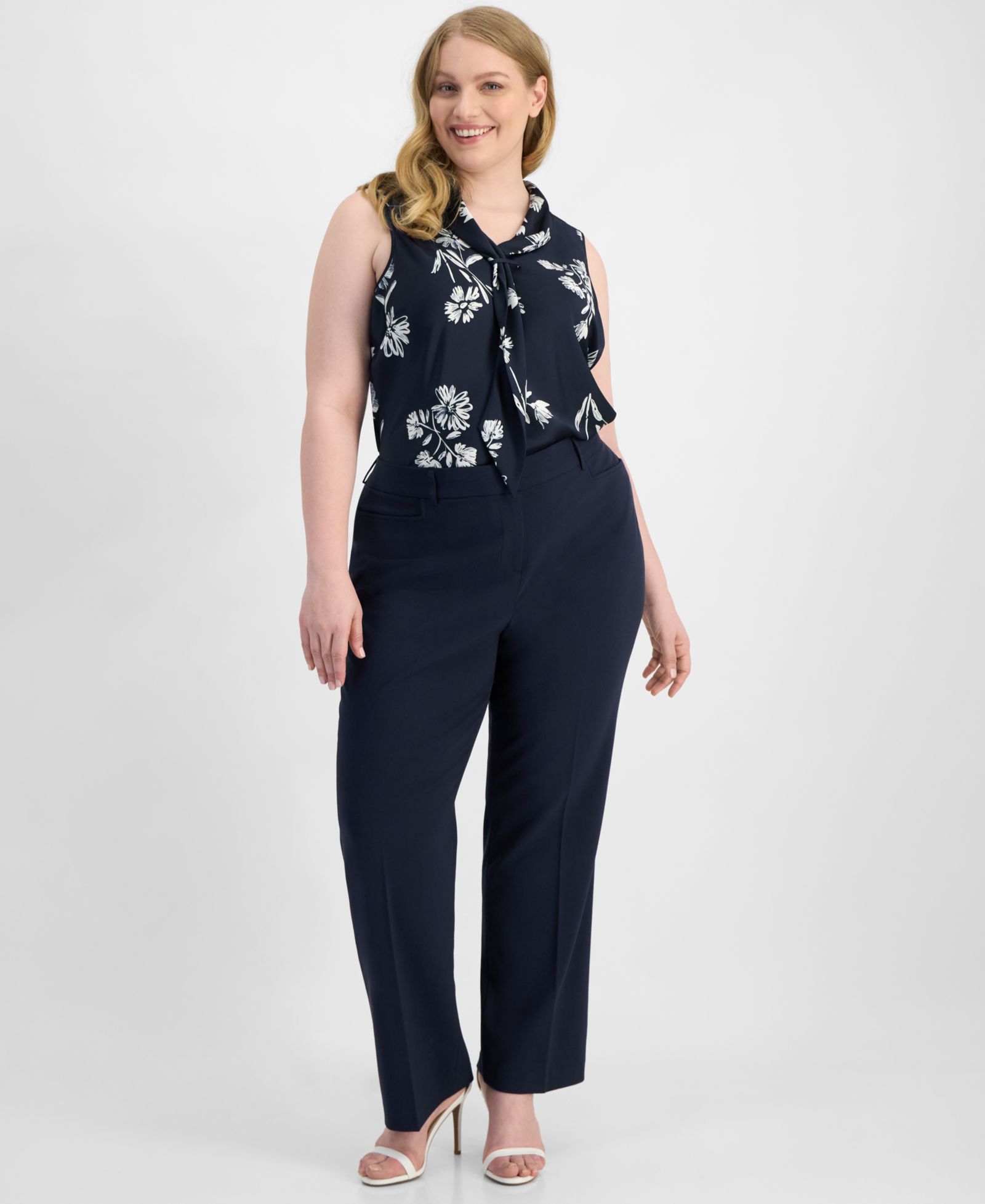 Tahari ASL Plus Size Брюки Bird Eye Press-Pleat Straight-Leg