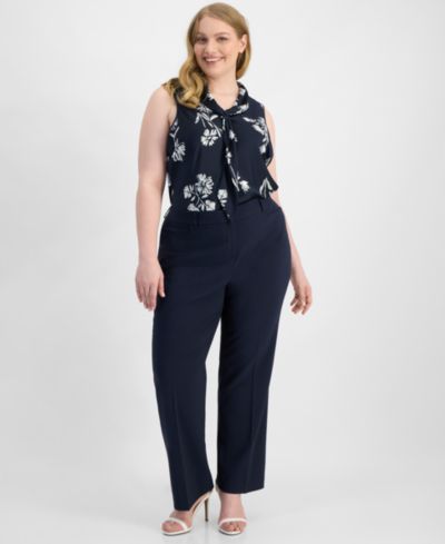 Tahari ASL Plus Size Bird Eye Press-Pleat Straight-Leg Pants