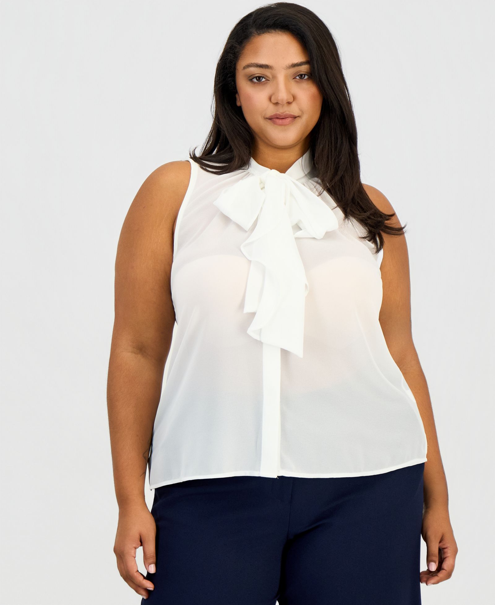 Tahari ASL Plus Size Sleeveless Ruffled Bow Blouse