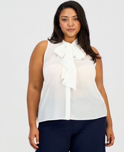 Tahari ASL Plus Size Sleeveless Ruffled Bow Blouse