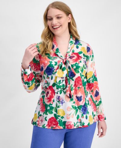 Tahari ASL Plus Size Блузка с цветочным принтом и завязками на шее