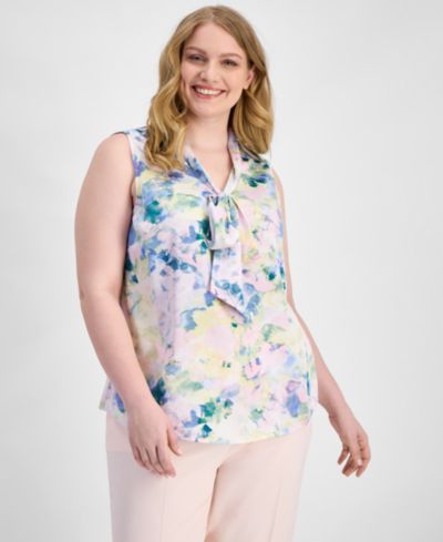Tahari ASL Plus Size Printed Tie-Neck Sleeveless Blouse