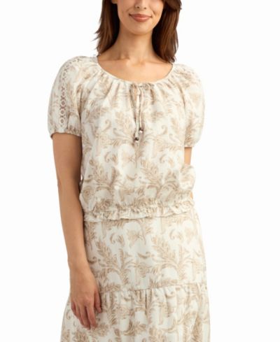 BCX Women's Printed Short-Sleeve Peasant Top