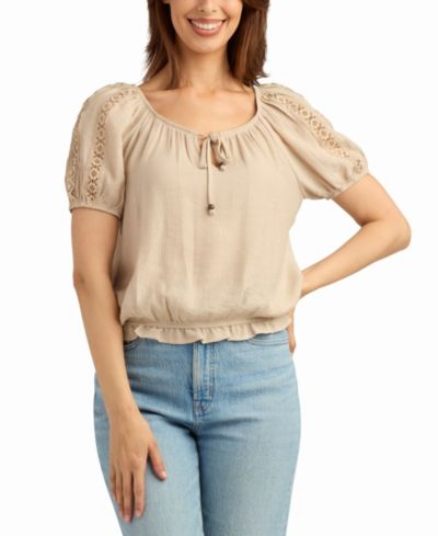 BCX Women's Texture Gauze Peasant Scoop Neck Top