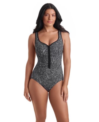 ShapeSolver Women's Sport Shirred Zipper One-Piece Swimsuit