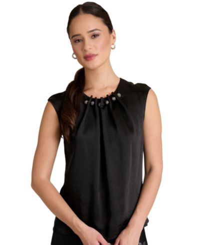 Muse Women's Tucked Beaded Crew Neck Top