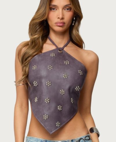 Edikted Women's Shila Studded Faux Leather Backless Top