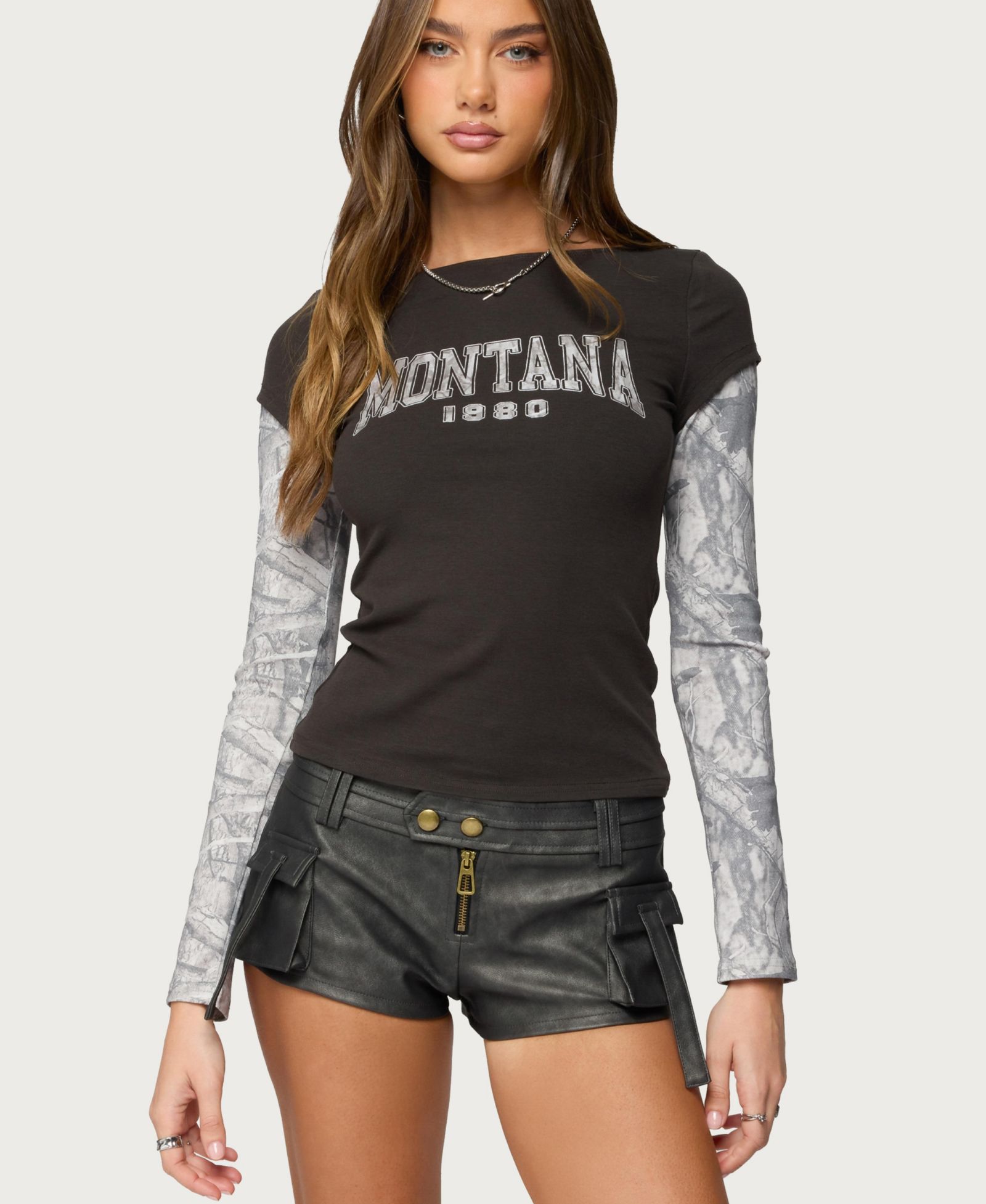 Edikted Women's Layered Camo Long Sleeve T Shirt