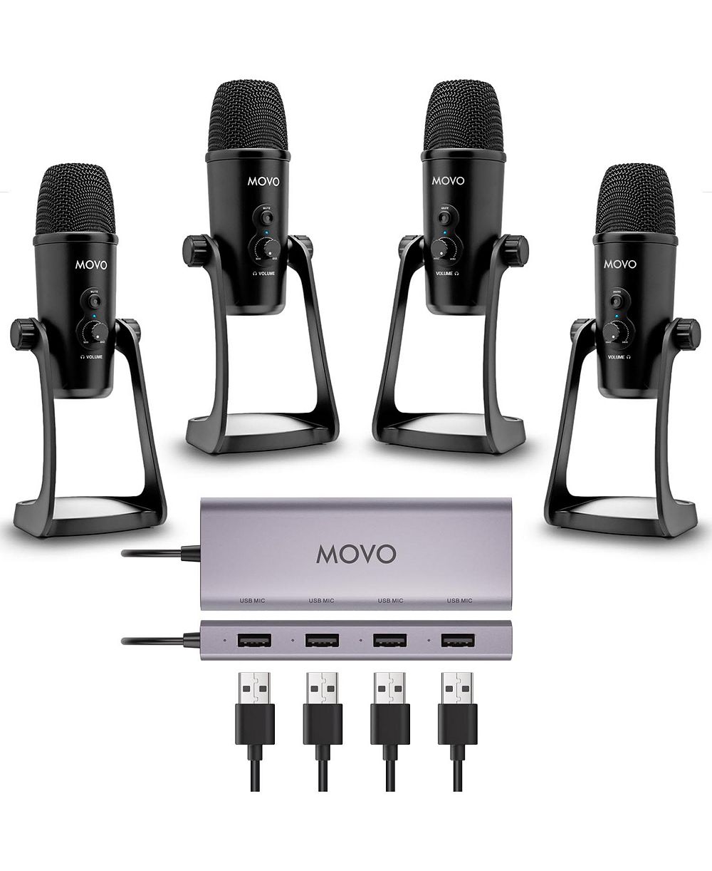 Movo 4-Person USB Podcast Equipment Bundle - 4 Condenser Mics, Hub and Case