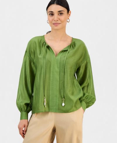 I.N.C. International Concepts Petite Long-Sleeve Tie Neck Blouse, Macy's Exclusive
