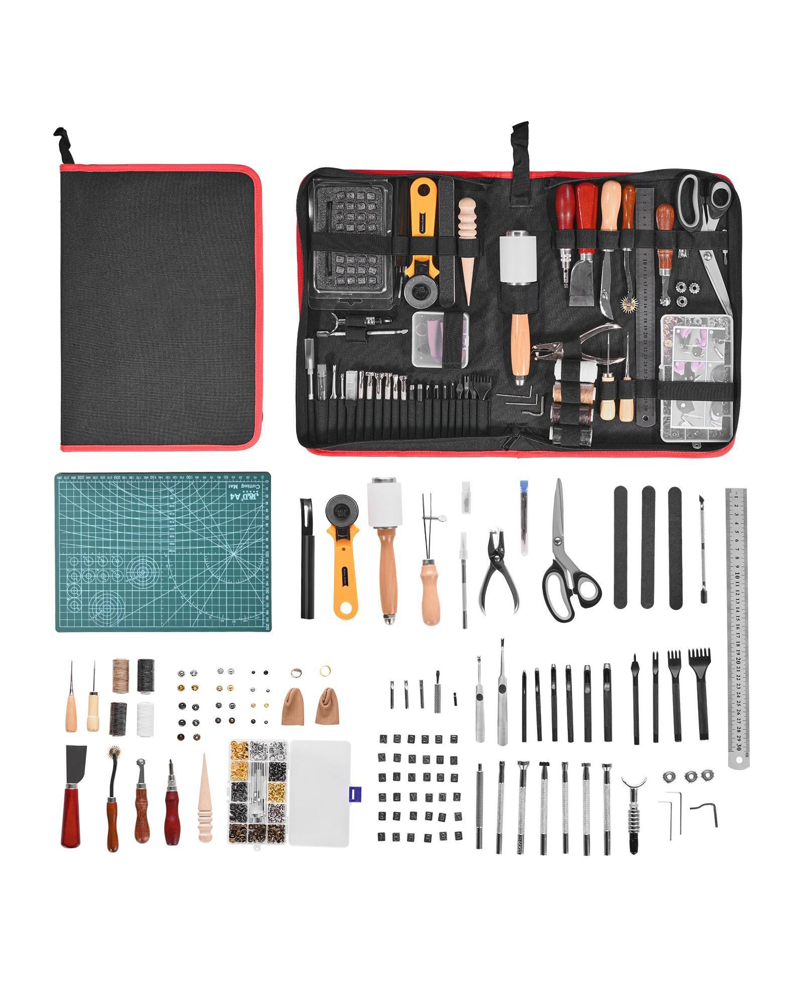 Mecale Leather Working Tools Kit, 61-Piece Leather Craft Set w/ Canvas Storage Bag, Punching, Sewing, Stamping & Sanding