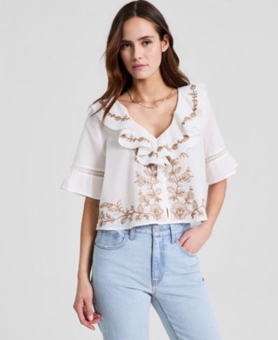 And Now This Women's Embroidered Elbow-Sleeve Flyaway Blouse, Macy's Exclusive
